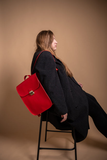 Natural Leather Saddle Backpack - Red