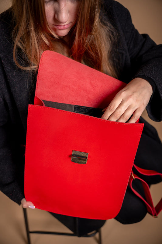 Natural Leather Saddle Backpack - Red