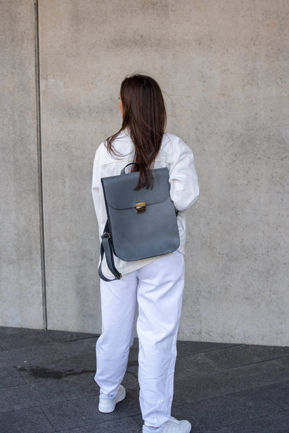 Natural Leather Saddle Backpack - Grey