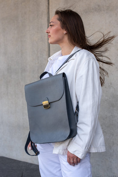 Natural Leather Saddle Backpack - Grey